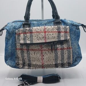 Denim Plaid Studded Handbag Purse Shoulder Bag Crossbody with Strap Women